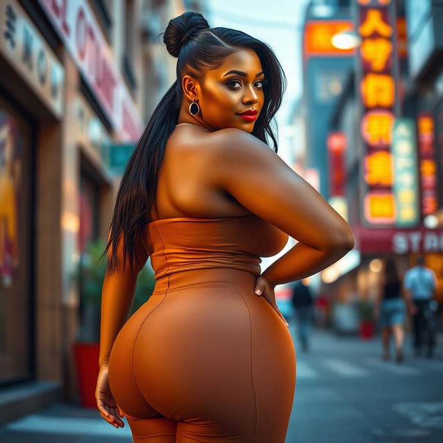 A striking portrait of a confident and curvy woman with a prominent figure, showcasing her big ass in a tasteful and artistic manner