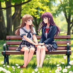 A romantic and intimate scene depicting two schoolgirls sitting together on a park bench, holding hands and sharing a tender gaze