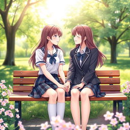 A romantic and intimate scene depicting two schoolgirls sitting together on a park bench, holding hands and sharing a tender gaze