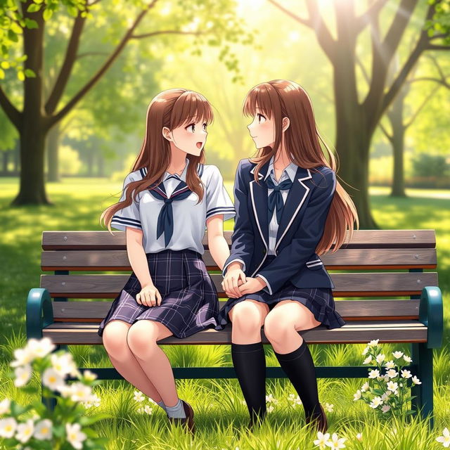 A romantic and intimate scene depicting two schoolgirls sitting together on a park bench, holding hands and sharing a tender gaze