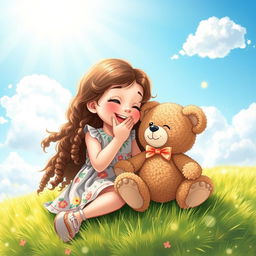 A whimsical scene depicting a playful young girl giving a light kiss to her favorite stuffed animal, sitting on a grassy patch under a bright blue sky with fluffy white clouds
