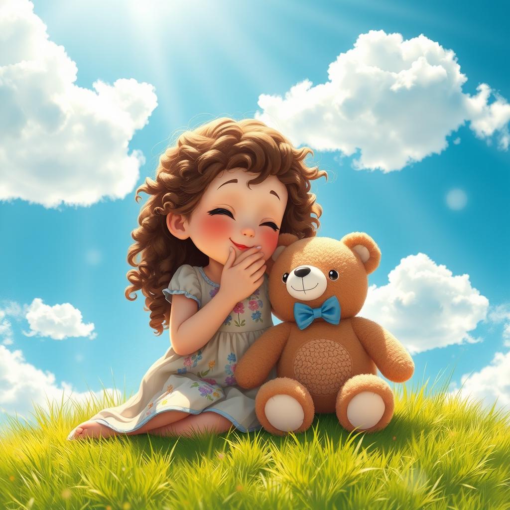 A whimsical scene depicting a playful young girl giving a light kiss to her favorite stuffed animal, sitting on a grassy patch under a bright blue sky with fluffy white clouds