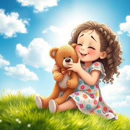 A whimsical scene depicting a playful young girl giving a light kiss to her favorite stuffed animal, sitting on a grassy patch under a bright blue sky with fluffy white clouds