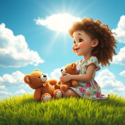 A whimsical scene depicting a playful young girl giving a light kiss to her favorite stuffed animal, sitting on a grassy patch under a bright blue sky with fluffy white clouds