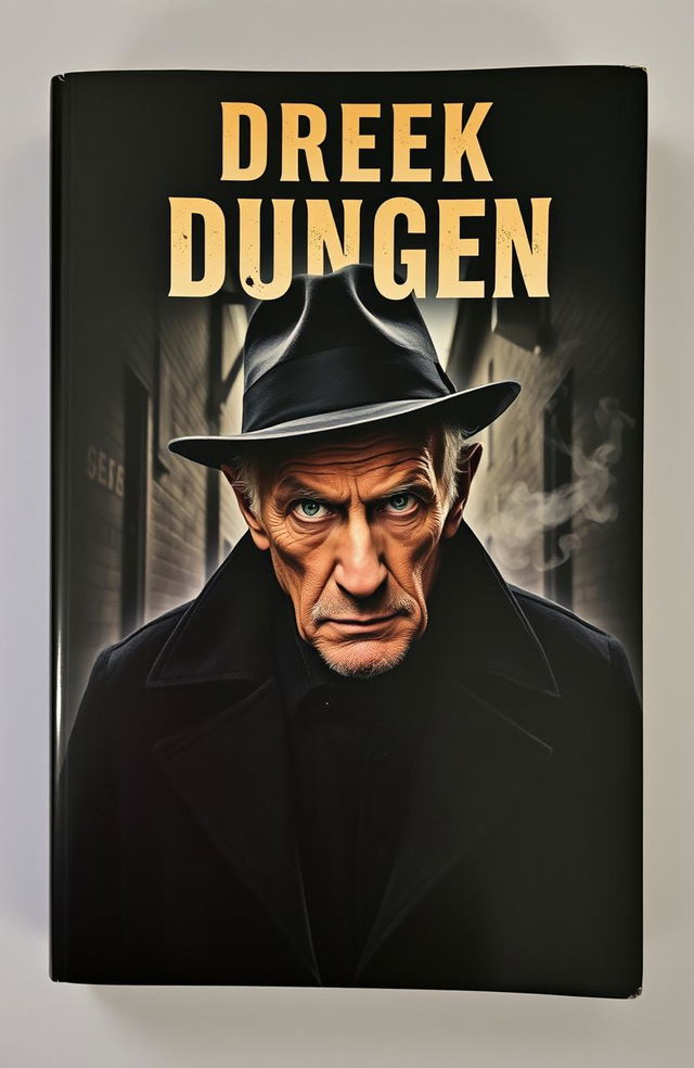 A book cover featuring an old man with a suspicious expression, wearing a long dark coat and a fedora hat