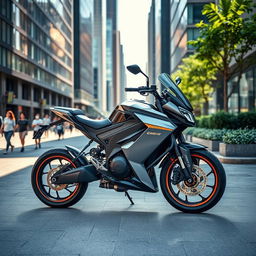 A sleek and modern electric motorcycle parked on a city street, gleaming under the sunlight