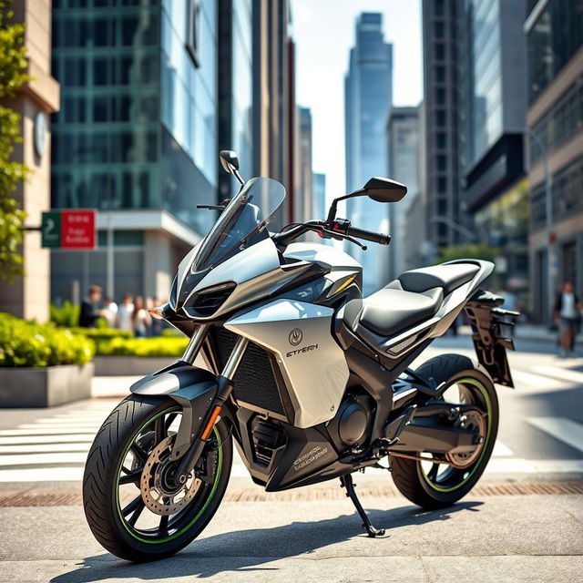 A sleek and modern electric motorcycle parked on a city street, gleaming under the sunlight