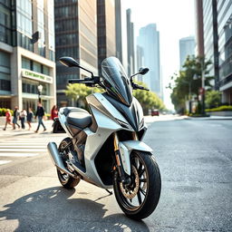 A sleek and modern electric motorcycle parked on a city street, gleaming under the sunlight