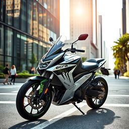 A sleek and modern electric motorcycle parked on a city street, gleaming under the sunlight