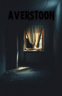 A simple yet haunting book cover for a horror story, featuring a dark and eerie abandoned apartment design