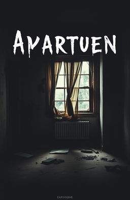 A simple yet haunting book cover for a horror story, featuring a dark and eerie abandoned apartment design