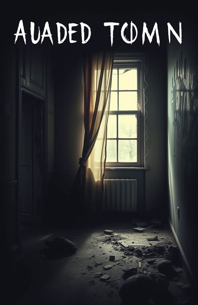 A simple yet haunting book cover for a horror story, featuring a dark and eerie abandoned apartment design