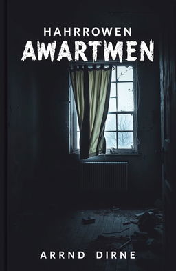 A simple yet haunting book cover for a horror story, featuring a dark and eerie abandoned apartment design