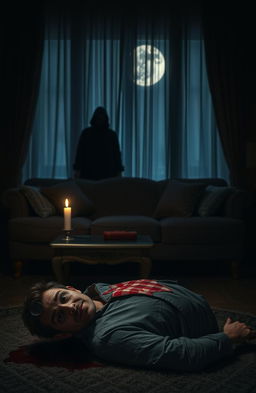 A dramatic scene depicting the aftermath of a mysterious murder in a cozy, dimly lit home at night