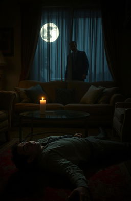 A dramatic scene depicting the aftermath of a mysterious murder in a cozy, dimly lit home at night