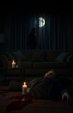 A dramatic scene depicting the aftermath of a mysterious murder in a cozy, dimly lit home at night