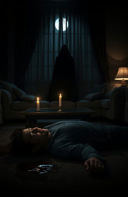 A dramatic scene depicting the aftermath of a mysterious murder in a cozy, dimly lit home at night