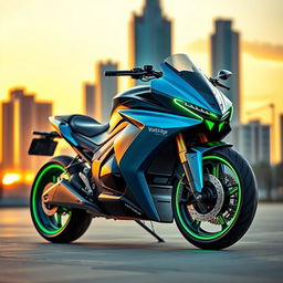 A futuristic electric motorcycle named VoltEdge, designed with sleek lines and aerodynamic features