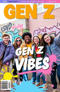 A vibrant and trendy magazine cover designed for a Gen Z audience featuring a diverse group of young adults in their twenties engaging in an outdoor adventure
