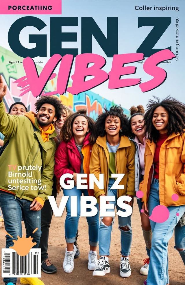 A vibrant and trendy magazine cover designed for a Gen Z audience featuring a diverse group of young adults in their twenties engaging in an outdoor adventure