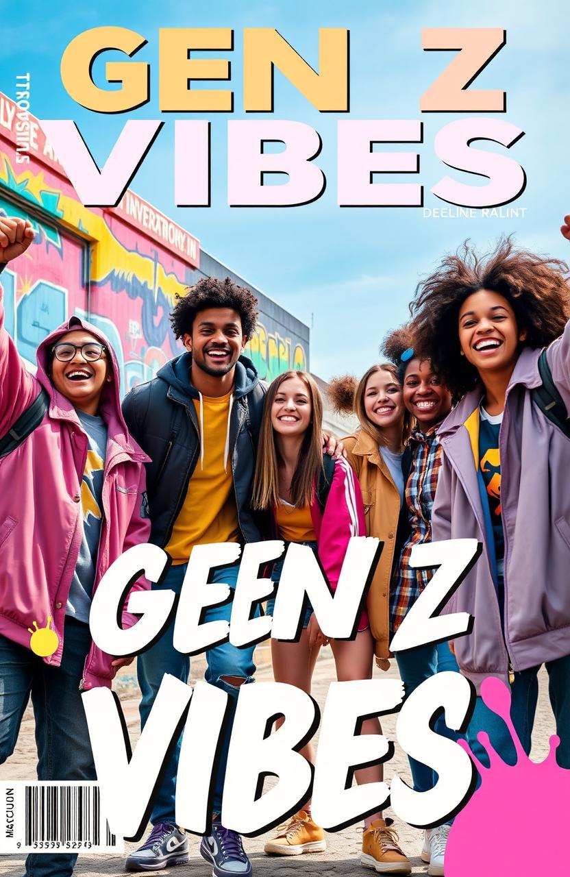 A vibrant and trendy magazine cover designed for a Gen Z audience featuring a diverse group of young adults in their twenties engaging in an outdoor adventure