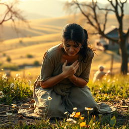 A heart-wrenching scene of a mother weeping in remorse over her son's murder, set against a rural background