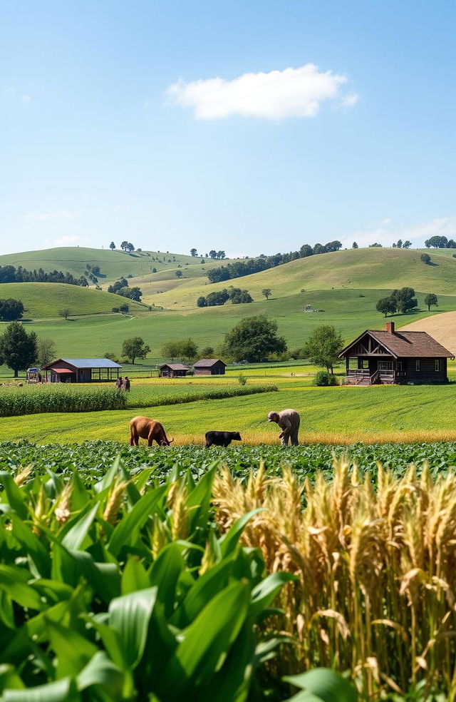 A scenic rural landscape showcasing a thriving agricultural community, with lush green fields, farmers working together, and modern sustainable farming techniques