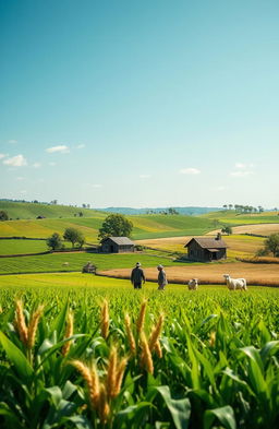 A scenic rural landscape showcasing a thriving agricultural community, with lush green fields, farmers working together, and modern sustainable farming techniques