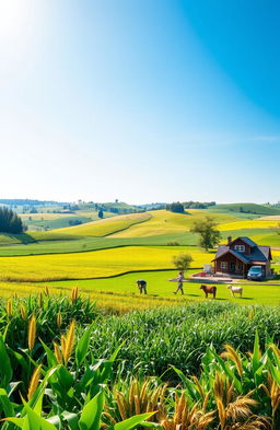 A scenic rural landscape showcasing a thriving agricultural community, with lush green fields, farmers working together, and modern sustainable farming techniques