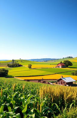 A scenic rural landscape showcasing a thriving agricultural community, with lush green fields, farmers working together, and modern sustainable farming techniques