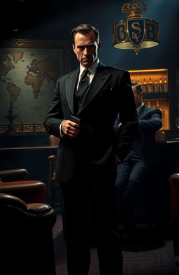 A stylish, cinematic scene depicting a suave secret agent in a tailored black suit, standing confidently in a dimly lit room filled with shadows