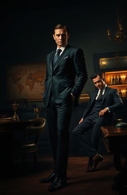 A stylish, cinematic scene depicting a suave secret agent in a tailored black suit, standing confidently in a dimly lit room filled with shadows
