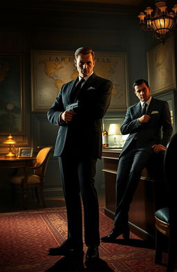 A stylish, cinematic scene depicting a suave secret agent in a tailored black suit, standing confidently in a dimly lit room filled with shadows