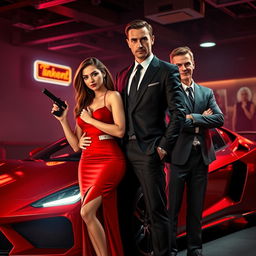 A thrilling cinematic scene featuring a suave secret agent and a sharp-witted mafia girl and boy duo