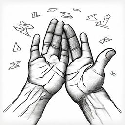 A simple, meaningful, and surreal pen drawing featuring hands as an integral and evocative component of the composition.