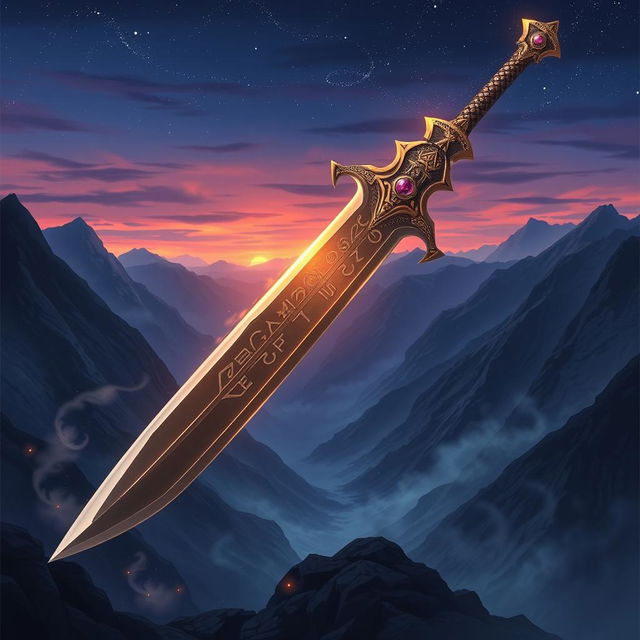 A stunning illustration of a legendary dragonslayer sword, intricately designed with ancient runes and symbols etched on the blade