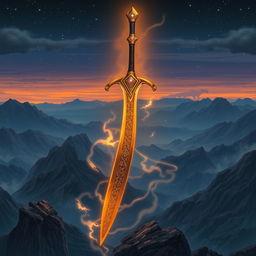 A stunning illustration of a legendary dragonslayer sword, intricately designed with ancient runes and symbols etched on the blade