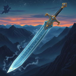 A stunning illustration of a legendary dragonslayer sword, intricately designed with ancient runes and symbols etched on the blade