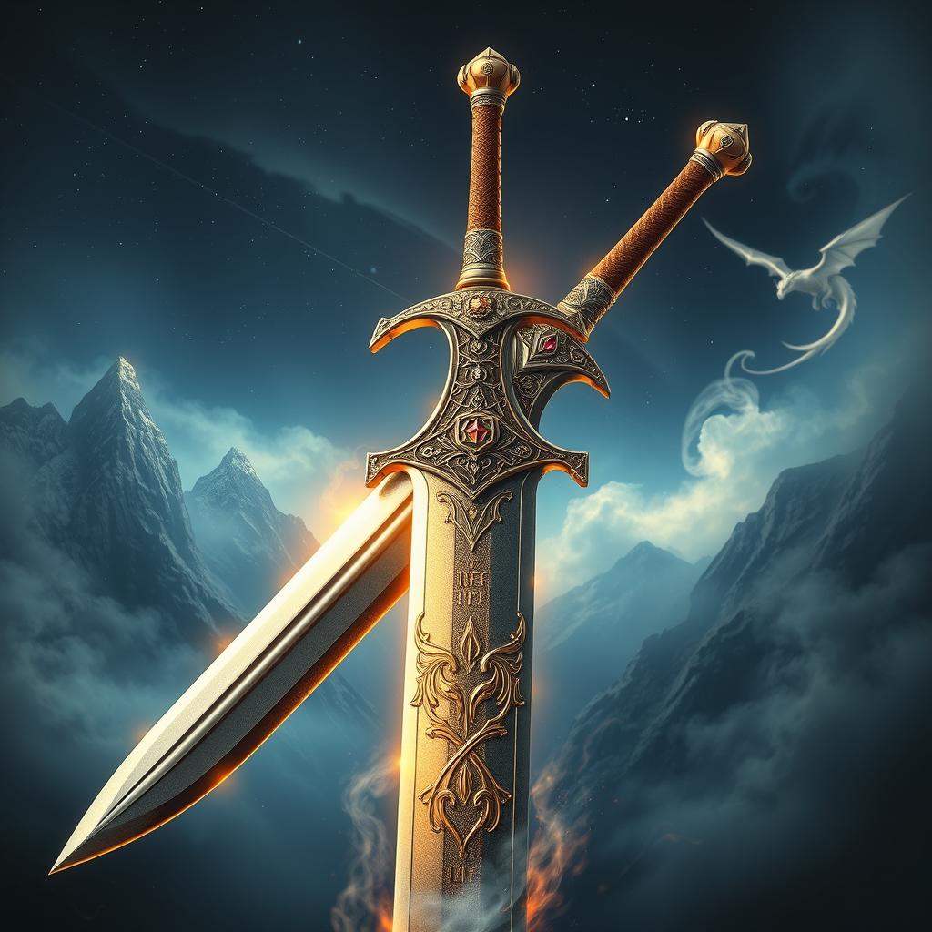 A breathtaking depiction of a mythical dragonslayer sword, boasting an ornate design with intricate engravings and ancient runes along the blade