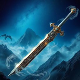 A breathtaking depiction of a mythical dragonslayer sword, boasting an ornate design with intricate engravings and ancient runes along the blade