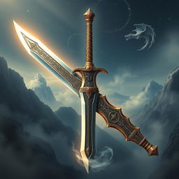 A breathtaking depiction of a mythical dragonslayer sword, boasting an ornate design with intricate engravings and ancient runes along the blade
