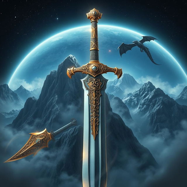 A breathtaking depiction of a mythical dragonslayer sword, boasting an ornate design with intricate engravings and ancient runes along the blade