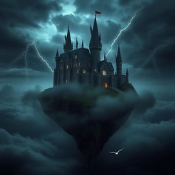 A dark castle perched majestically on a floating island amidst a moody, cloudy sky