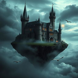 A dark castle perched majestically on a floating island amidst a moody, cloudy sky