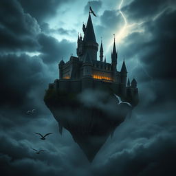 A dark castle perched majestically on a floating island amidst a moody, cloudy sky