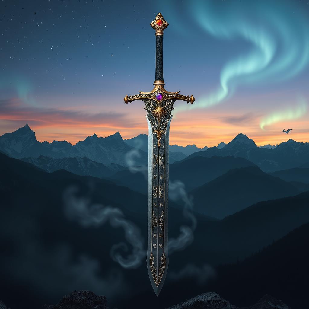 An epic depiction of a legendary dragonslayer sword set against a mystical landscape