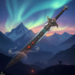 An epic depiction of a legendary dragonslayer sword set against a mystical landscape