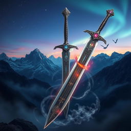 An epic depiction of a legendary dragonslayer sword set against a mystical landscape