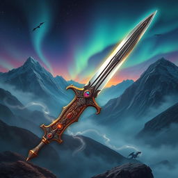 An epic depiction of a legendary dragonslayer sword set against a mystical landscape