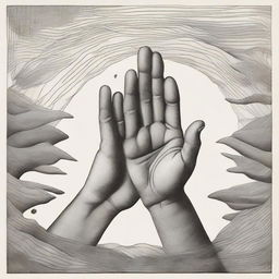 A meaningful surreal drawing in which hands play a central role, woven into the narrative to provoke deep contemplation.